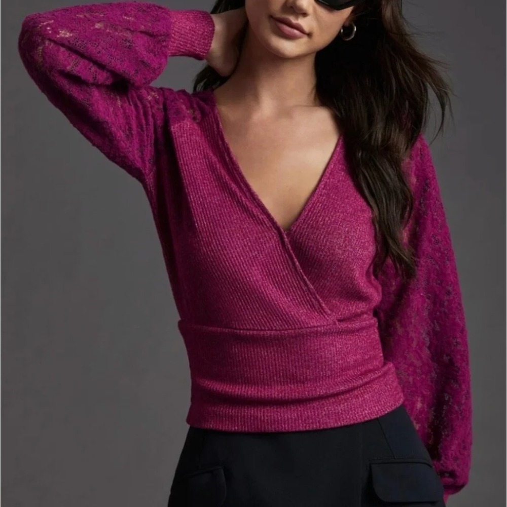 Anthropologie Lace Sleeve V-Neck Cropped Sweater Top Small - Boho-Whimsigoth-Y2K